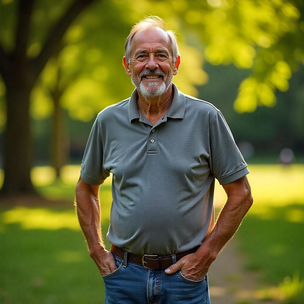 “Realistic photo of a man in his early 60s, medium skin tone, short brown-gray hair, wearing jeans and a polo shirt. He is standing in a local park in Raleigh, North Carolina, looking relaxed and content, as if relieved from leg pain. Bright, clear day with natural greenery in the background. Ultra-realistic, lifestyle photo.”