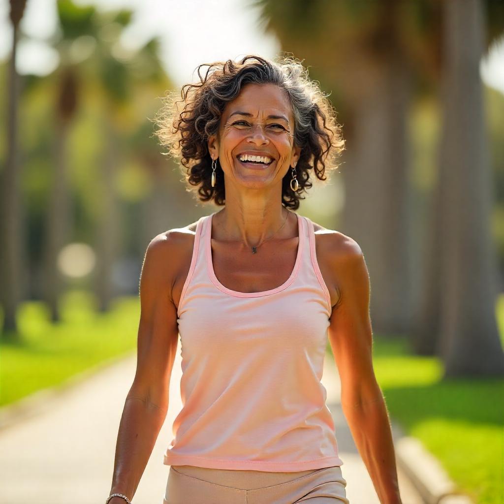 “Photo of a woman in her early 60s, light brown skin, curly shoulder-length dark hair with some gray strands. She’s walking in a sunny park in Orlando, Florida, wearing light workout clothes, smiling with relief and happiness, looking healthy and mobile. Palm trees in the background, natural bright lighting, ultra-realistic.”