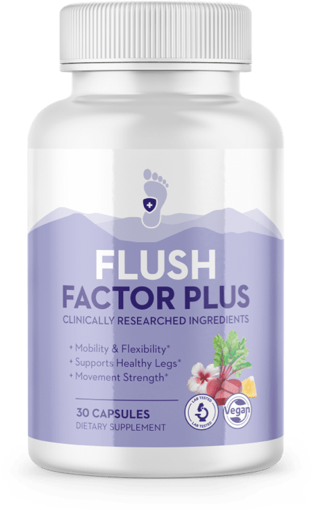 “Flush Factor Plus natural supplement for leg swelling, fluid retention, and circulation support. Image of three bottles featuring a purple label with natural ingredients like beetroot and hibiscus. Text highlights: mobility, flexibility, and healthy legs. Lab-tested, vegan formula.”