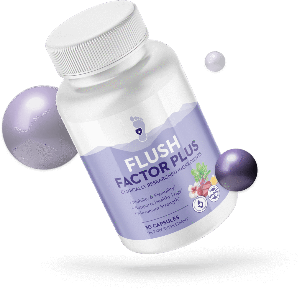 “Flush Factor Plus natural supplement for leg swelling, fluid retention, and circulation support. Image of three bottles featuring a purple label with natural ingredients like beetroot and hibiscus. Text highlights: mobility, flexibility, and healthy legs. Lab-tested, vegan formula.”